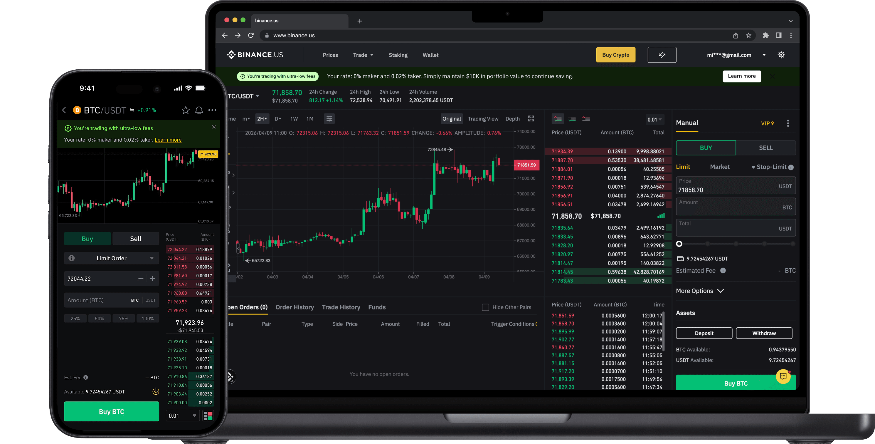 Binance.US trading interface on desktop and mobile