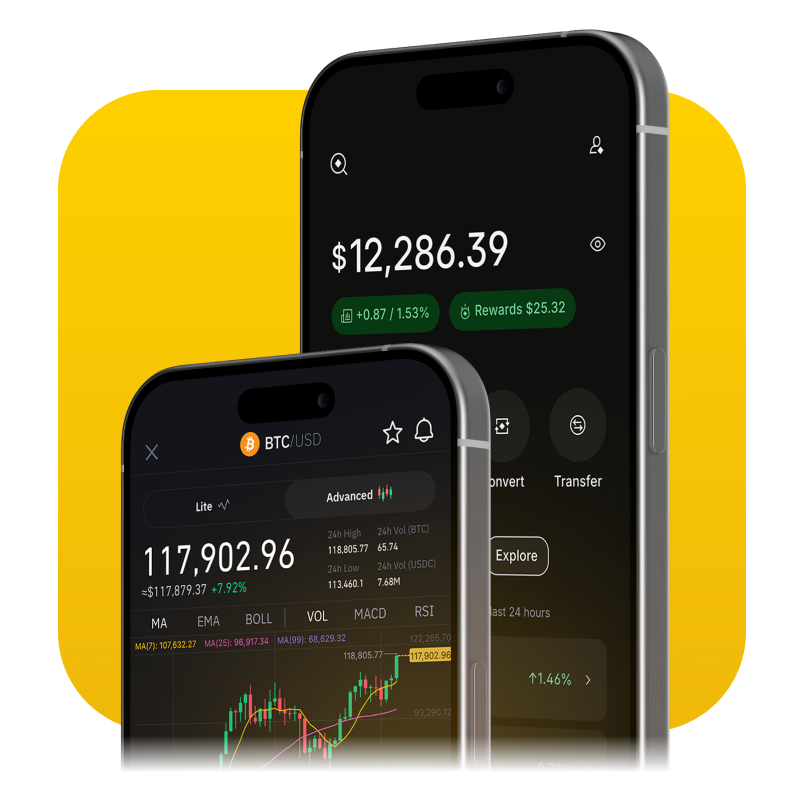Binance.US mobile app showing portfolio balance and Bitcoin trading chart