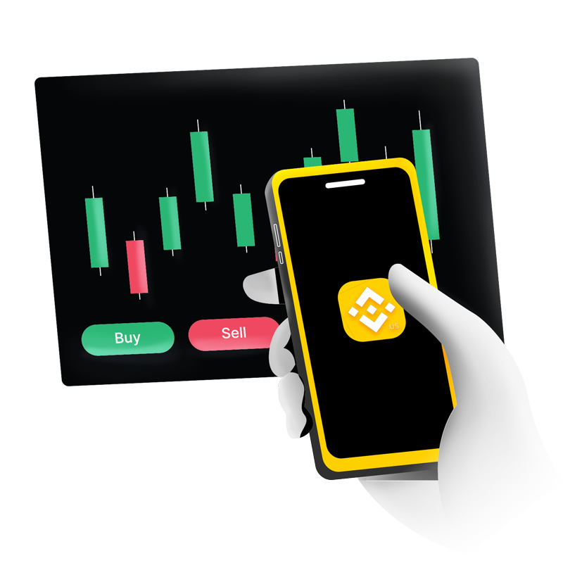 Illustration of a hand holding the Binance.US app beside a candlestick trading chart